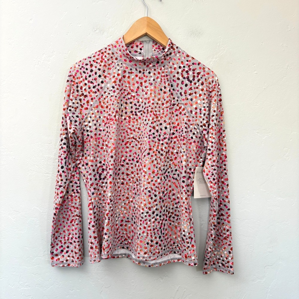 Garnet Hill 1/4 Zip Rash Guard Top Women Size Large Gray Polka Dot New Flaw